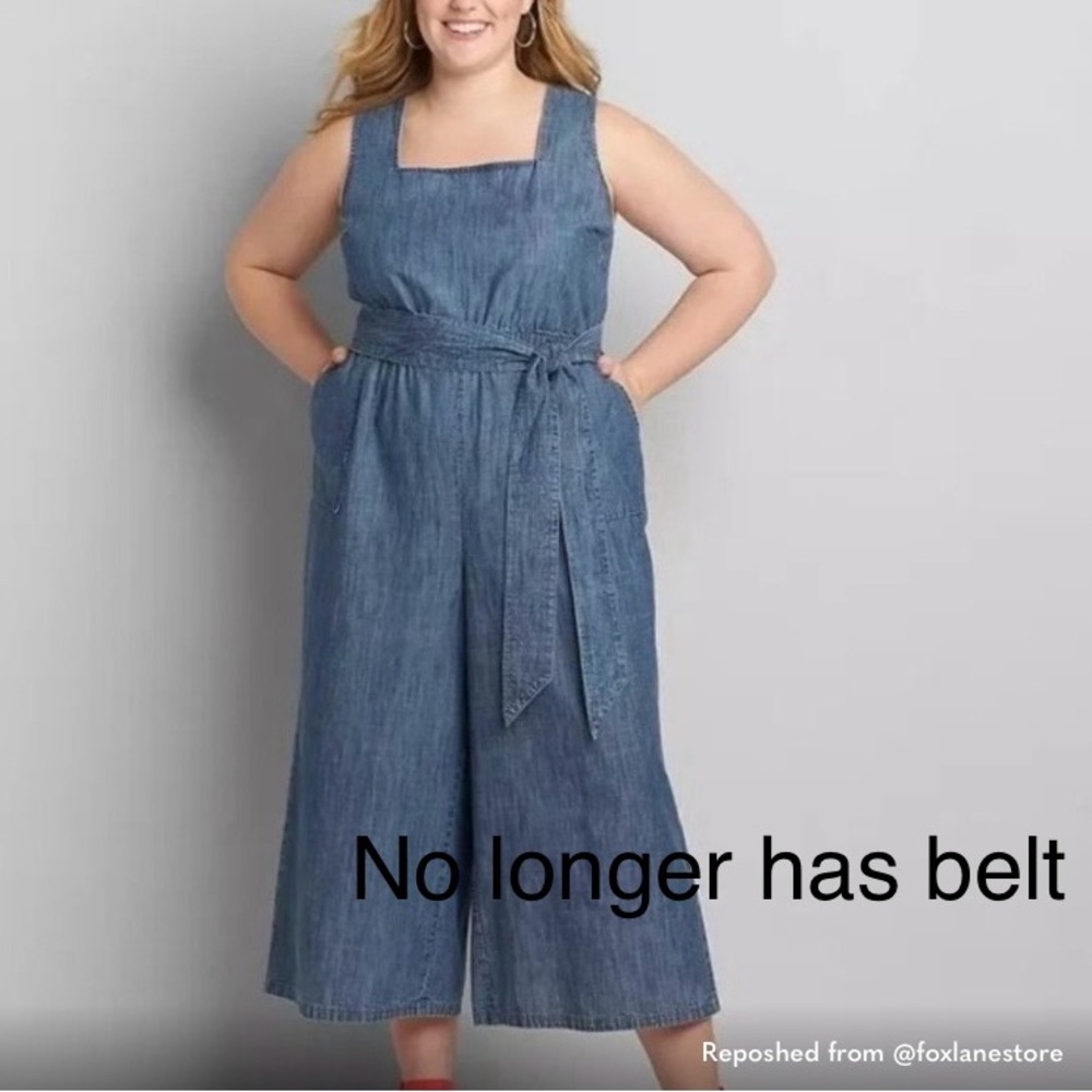 Lane Bryant Chambray Denim Romper 28 Jumpsuit Cropped Square Neck Belted Blue
